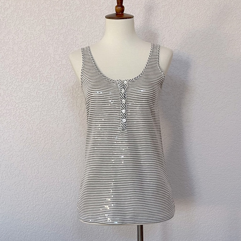 NWOT J. crew gray and white striped sequin Henley tank top